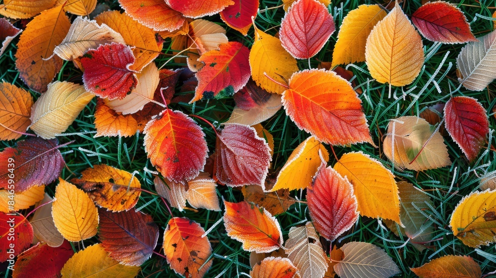 Autumn leaves coated with hoarfrost on the grass Autumn leaves coated with hoarfrost on the grass