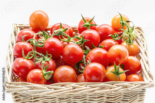 A wicker basket with tomatoes on a white background, displaying food ingredients and natural foods