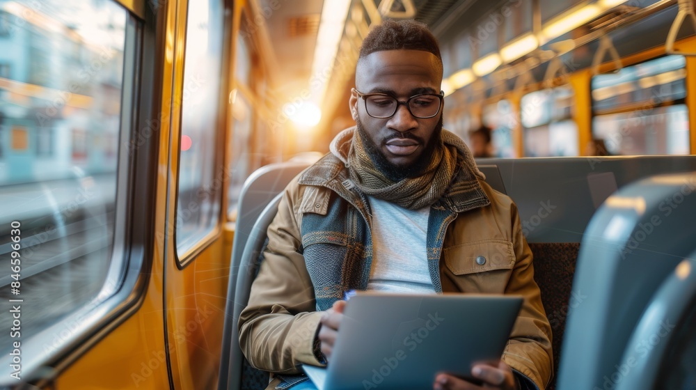 A young multiracial african man uses his laptop and smartphone on city train. Generative ai A young multiracial african man uses his laptop and smartphone on city train. Generative ai