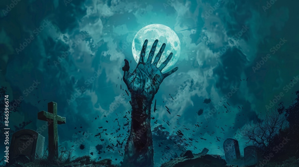 Zombie Hand Rising from Grave Under Full Moon, Generative AI Zombie Hand Rising from Grave Under Full Moon, Generative AI