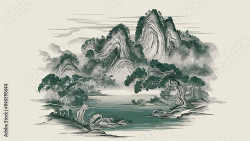 Mountain and lake landscape Chinese background. in traditional oriental, minimalistic Japanese style. Vector illustration