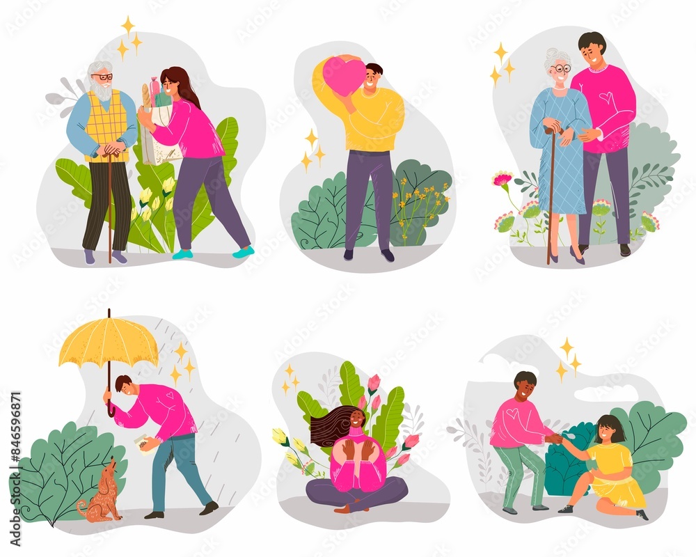 Fototapeta premium Hand drawn kindness concept flat cartoon mini compositions set