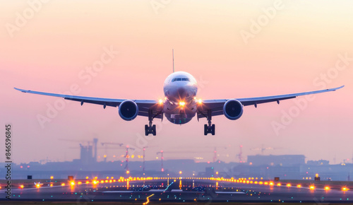 In the evening, a big commercial airplane is ascending from a runway in an airport