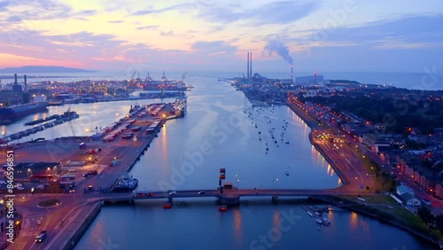 Aerial view over Dublin City Centre in Republic of Ireland. The drone is flying near the Dublin port.