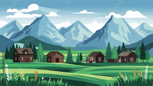 Mountain green field alpine landscape nature with wooden houses illustration in vector flat color style illustration