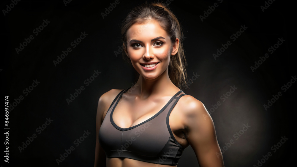 A brunette model in sport bra with a glamorous smile poses in a studio A brunette model in sport bra with a glamorous smile poses in a studio