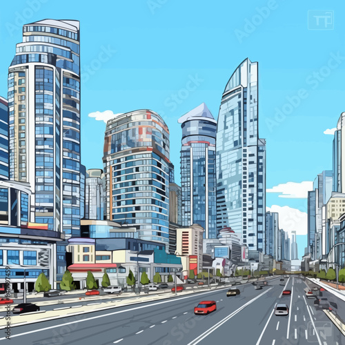 Panorama of city high-rise buildings with shops in them. Residential construction real estate. Exterior of buildings in the city. Vector illustration