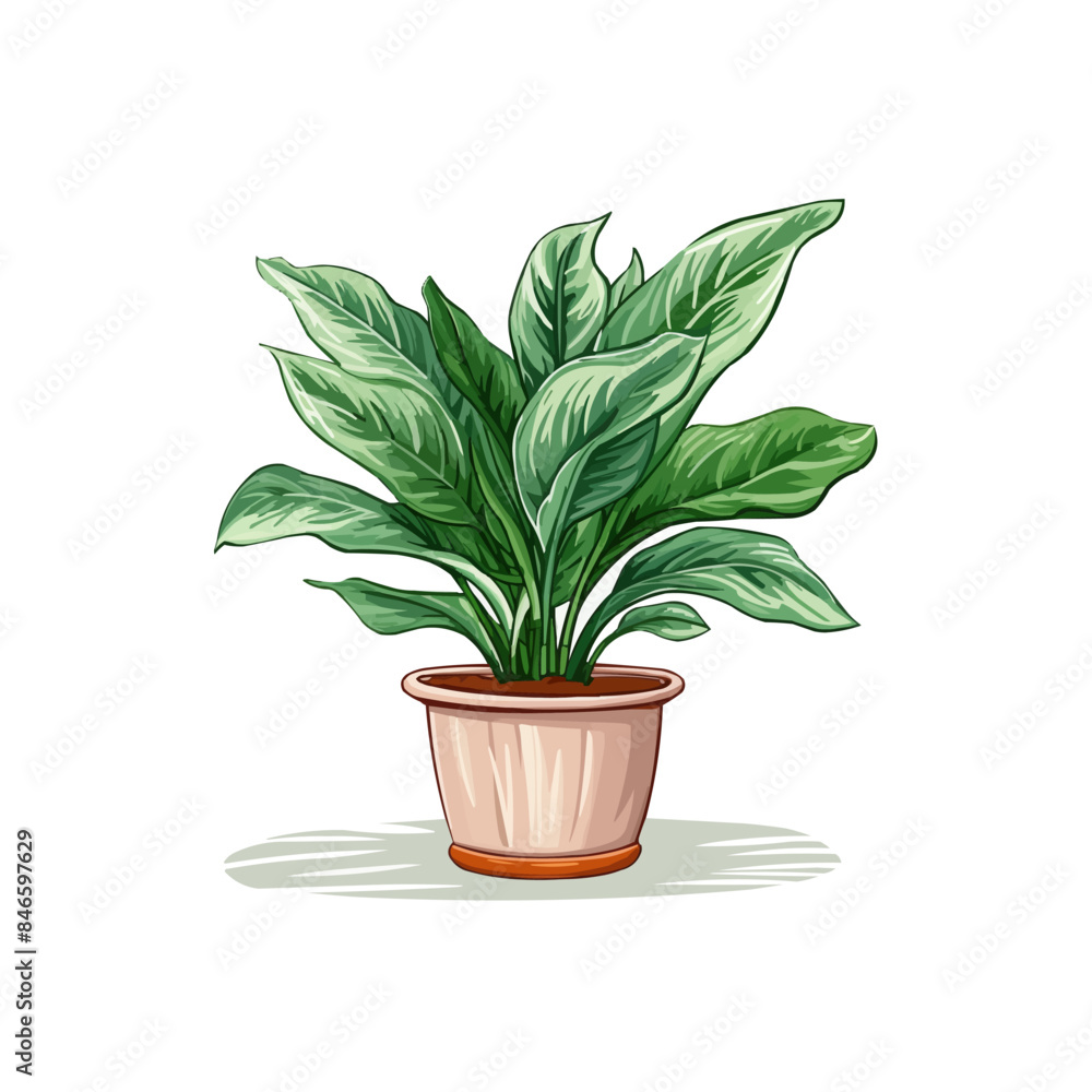 Potted house plant. Foliage houseplant growing in flowerpot. Green leaf decoration for home interior. Natural indoor decor. Hand draw vector illustration isolated Potted house plant. Foliage houseplant growing in flowerpot. Green leaf decoration for home interior. Natural indoor decor. Hand draw vector illustration isolated