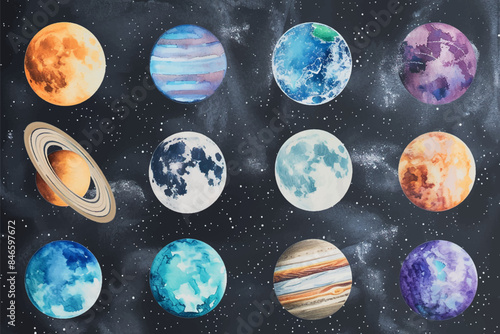 Watercolor vector illustration planet galaxy universe solar system stars set clipart sketch Mercury Venus Earth Mars Jupiter Saturn Uranus Neptune on isolated background