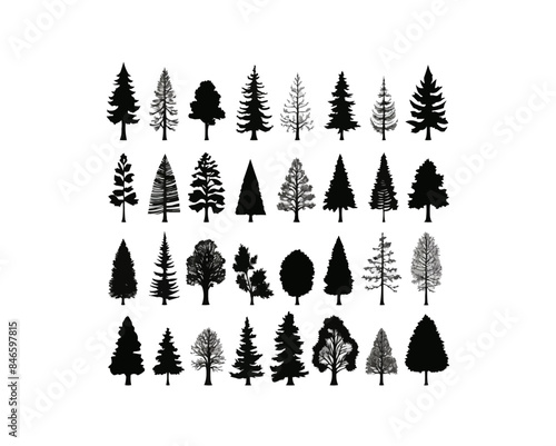 Set of Christmas Tree vector silhouettes, Xmas trees vector bundle, Christmas tree icons collection