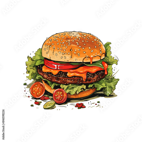 Hand drawn vector bread burger illustration with meatloaf tomato vegetarian dish, white background, delicious food for lunch and dinner, fast food