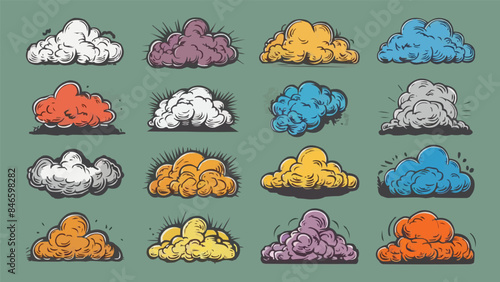 Cartoon smoke clouds. Comic smoke flows, dust, smog and smoke steaming cloud silhouettes isolated vector illustration set. Wind silhouette steaming, smoke explosion, comic cloud collection