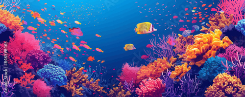 Underwater coral reef teeming with colorful fish and marine life. Vector flat minimalistic isolated illustration.