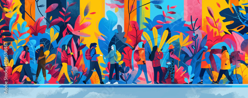 Urban street art mural with bold graffiti and street performers. Vector flat minimalistic isolated illustration.