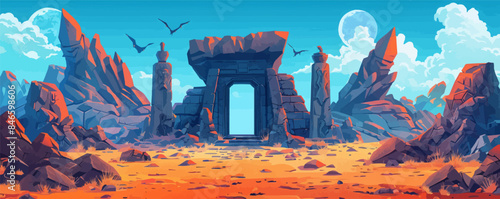 Dragon's lair guarded by ancient stone statues. Vector flat minimalistic isolated illustration.