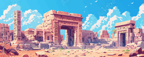 Dragon's lair guarded by ancient stone statues. Vector flat minimalistic isolated illustration.