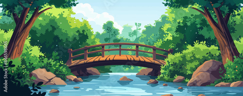Rustic wooden bridge over a babbling brook. Vector flat minimalistic isolated illustration.