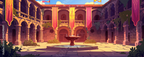 Medieval castle courtyard with a fountain and banners Vector flat minimalistic isolated illustration