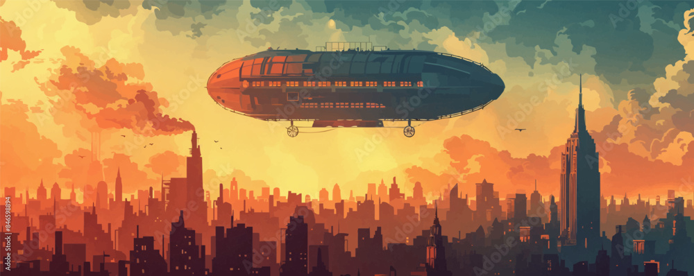 Fototapeta premium Steampunk dirigible floating above a city skyline Vector flat minimalistic isolated illustration