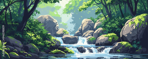 Nordic fjord with towering cliffs and cascading waterfalls. Vector flat minimalistic isolated illustration.