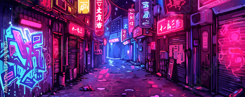 Cyberpunk alleyway with neon signs and graffiti art Vector flat minimalistic isolated illustration