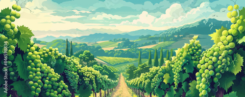 Verdant vineyard with ripe grapes ready for harvest. Vector flat minimalistic isolated