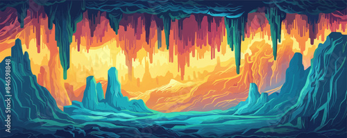 Underground cave with stalactites and stalagmites. Vector flat minimalistic isolated