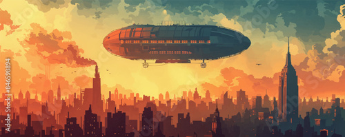 Steampunk dirigible floating above a city skyline Vector flat minimalistic isolated illustration