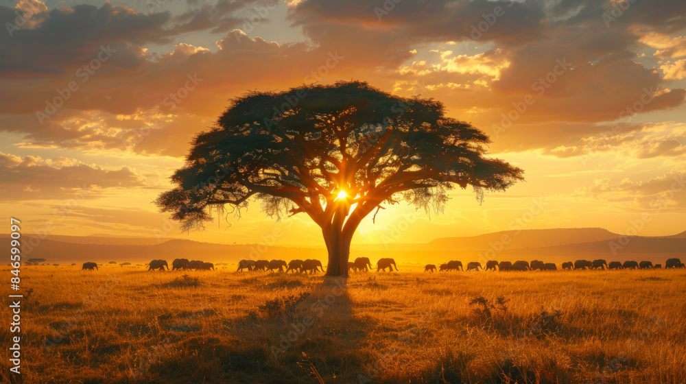 A majestic African tree with a setting sun, silhouetted against a savannah backdrop, with elephants walking in the distance. A majestic African tree with a setting sun, silhouetted against a savannah backdrop, with elephants walking in the distance.