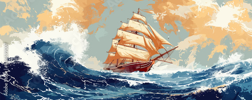 A rustic wooden sailing ship navigating through stormy seas. Vector flat minimalistic isolated illustration.
