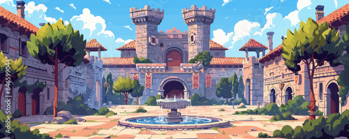 Medieval castle courtyard with a fountain and banners Vector flat minimalistic isolated illustration