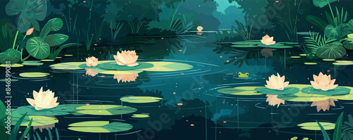 A tranquil forest pond with lily pads and frogs. Vector flat minimalistic isolated illustration.