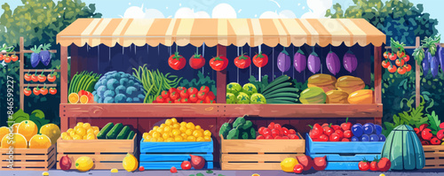 Urban street market with vendor stalls and awnings Vector flat minimalistic isolated illustration