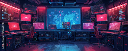Cyberpunk hacker's den with glowing screens Vector flat minimalistic isolated illustration