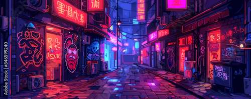 Cyberpunk alleyway with neon signs and graffiti art Vector flat minimalistic isolated illustratio