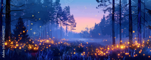 Luminous fireflies illuminating a tranquil forest clearing at dusk. Vector flat minimalistic isolated illustration.