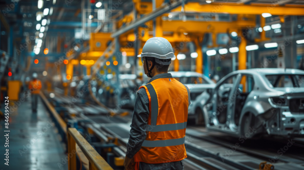 A factory worker in safety gear oversees car production on an automobile assembly line, focusing on manufacturing and efficiency. A factory worker in safety gear oversees car production on an automobile assembly line, focusing on manufacturing and efficiency.