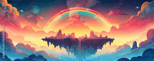 Surreal dream landscape with floating islands and rainbows. Vector flat minimalistic isolated illustration.