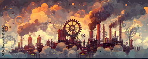 A whimsical steampunk cityscape with towering gears and steam-powered machines. Vector flat minimalistic isolated