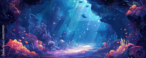 A mystical underwater cave with glowing crystals and schools of fish. Vector flat minimalistic isolated illustration.