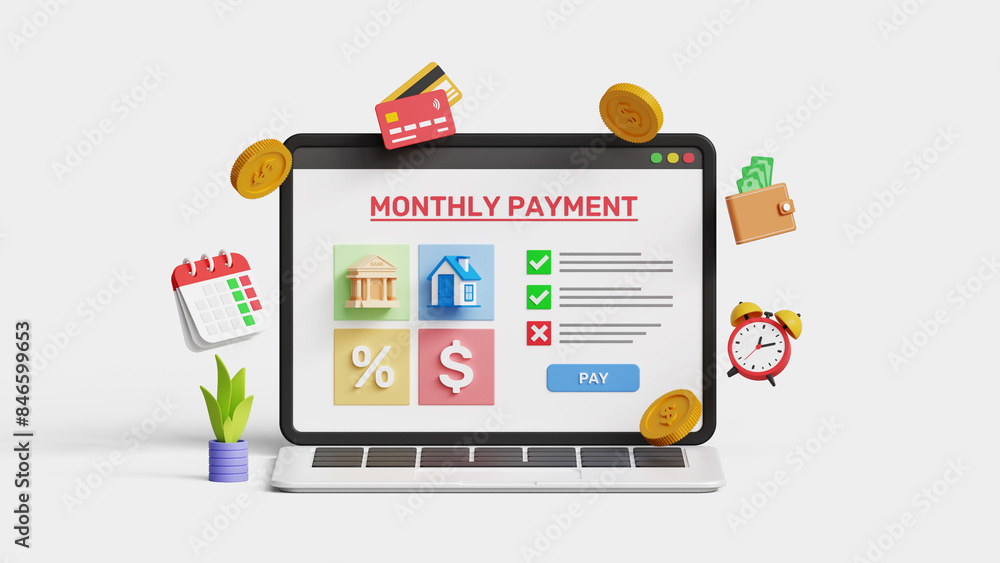Membership subscription payment, loan, mortgage, tax, saving and expenses concept. Monthly payment date on a laptop on white background. 3d illustration Membership subscription payment, loan, mortgage, tax, saving and expenses concept. Monthly payment date on a laptop on white background. 3d illustration