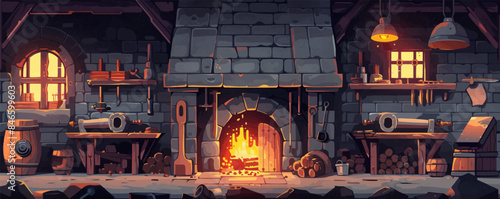 Medieval blacksmith workshop with anvils and tools Vector flat minimalistic isolated illustration