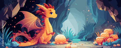 Fantasy dragon guarding a treasure trove in a cave Vector flat minimalistic isolated
