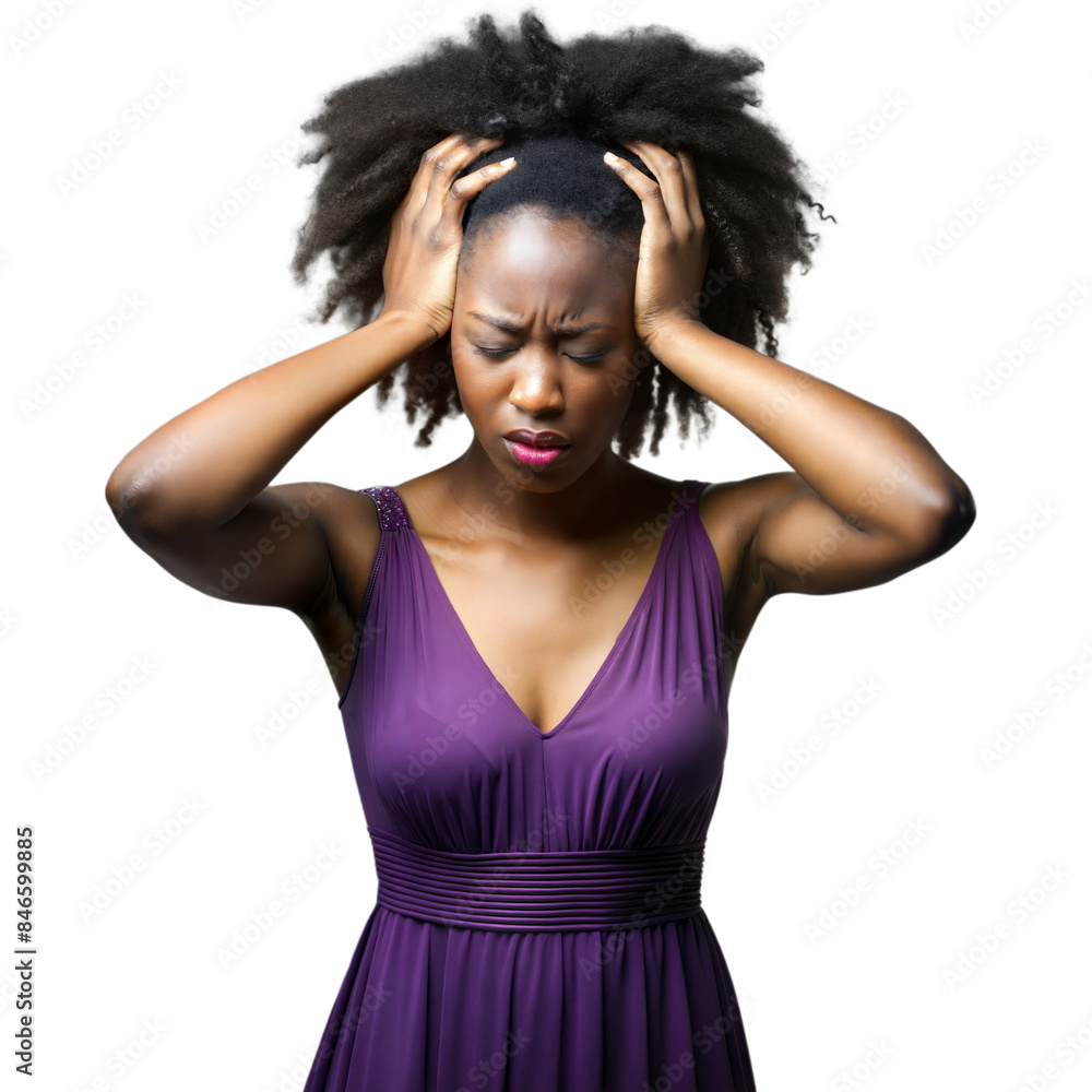 Woman in purple dress expressing stress on transparent background Woman in purple dress expressing stress on transparent background