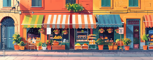 Urban street market with vendor stalls and awnings Vector flat minimalistic isolated illustration