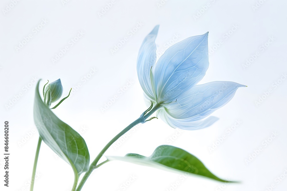 Obraz premium Blooming delicate flower of heavenly color isolated on a light background. Cope space. Selective focus. 