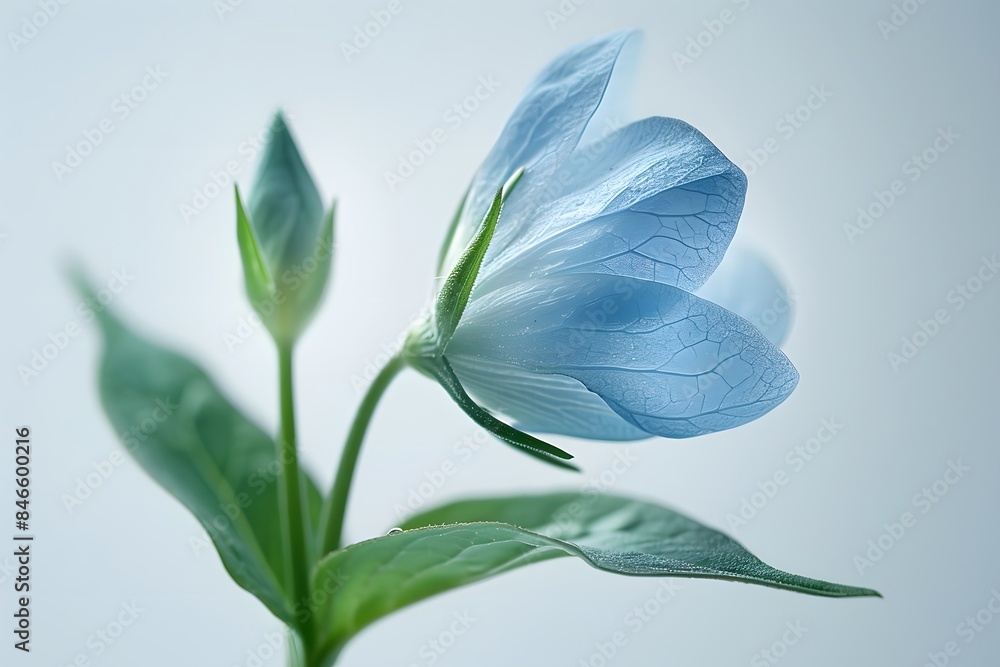 Obraz premium Blooming delicate flower of heavenly color isolated on a light background. Cope space. Selective focus. 