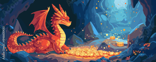 Fantasy dragon resting in a cave filled with treasure Vector flat minimalistic isolated illustration