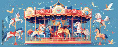 Whimsical carousel with ornate animal figures Vector flat minimalistic isolated illustration
