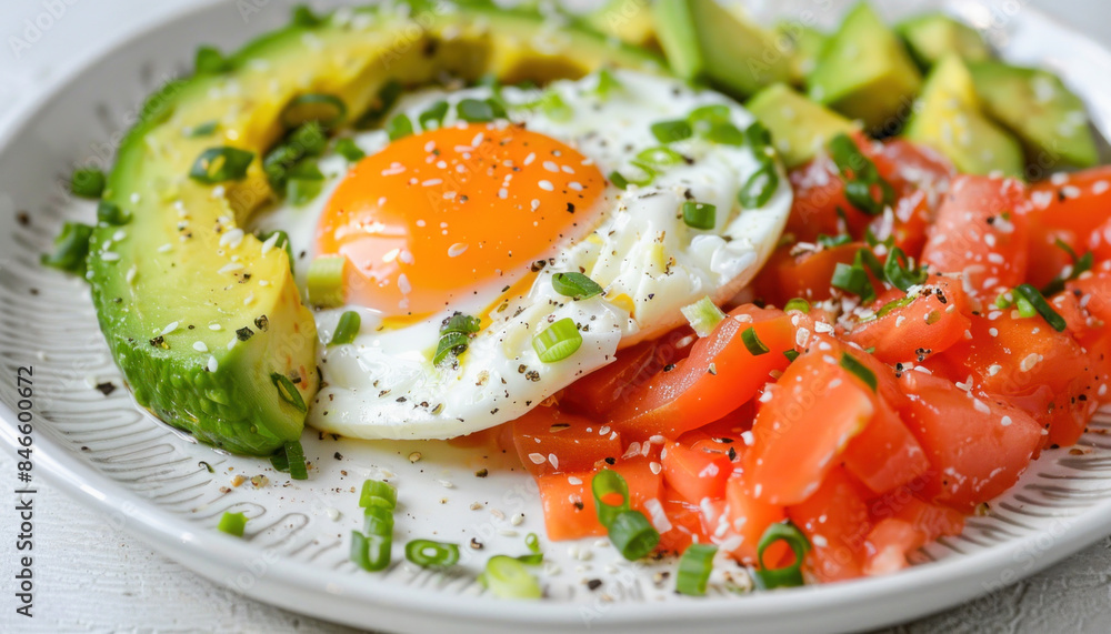 On a table, there is a plate of cuisine containing eggs, avocado, and tomatoes as ingredients On a table, there is a plate of cuisine containing eggs, avocado, and tomatoes as ingredients